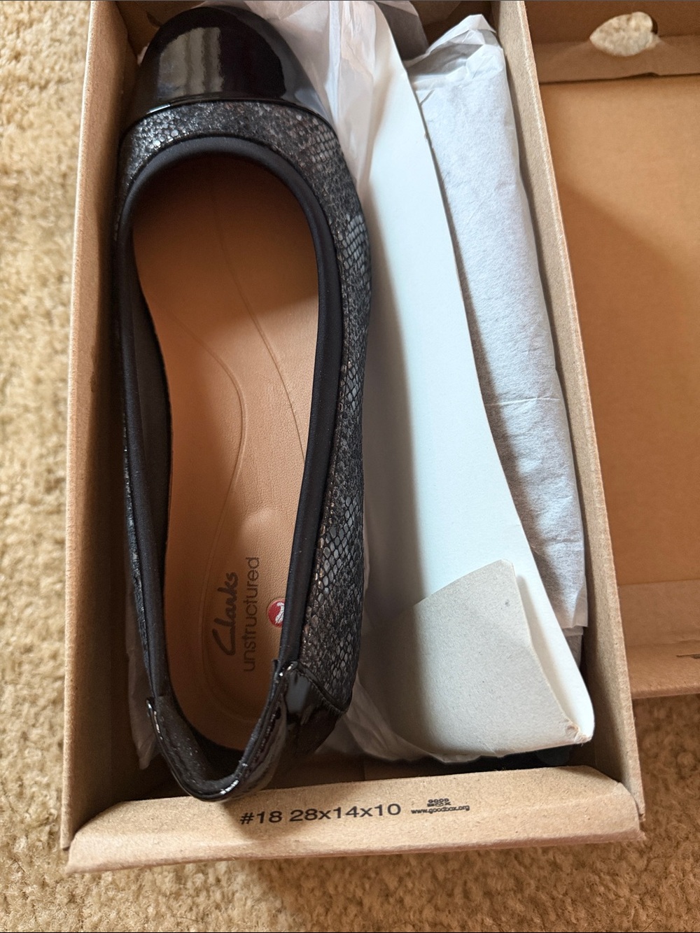 Clarks Black Snake-Print Patent Cap Toe Ballet Flat